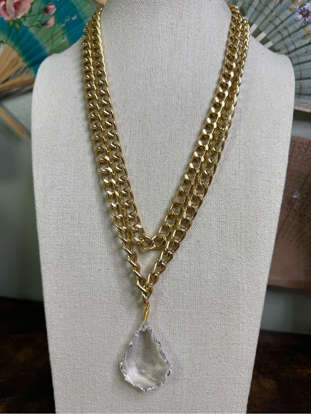 Gold Tone Chain Layered Necklace with Teardrop Crystal Pendant
